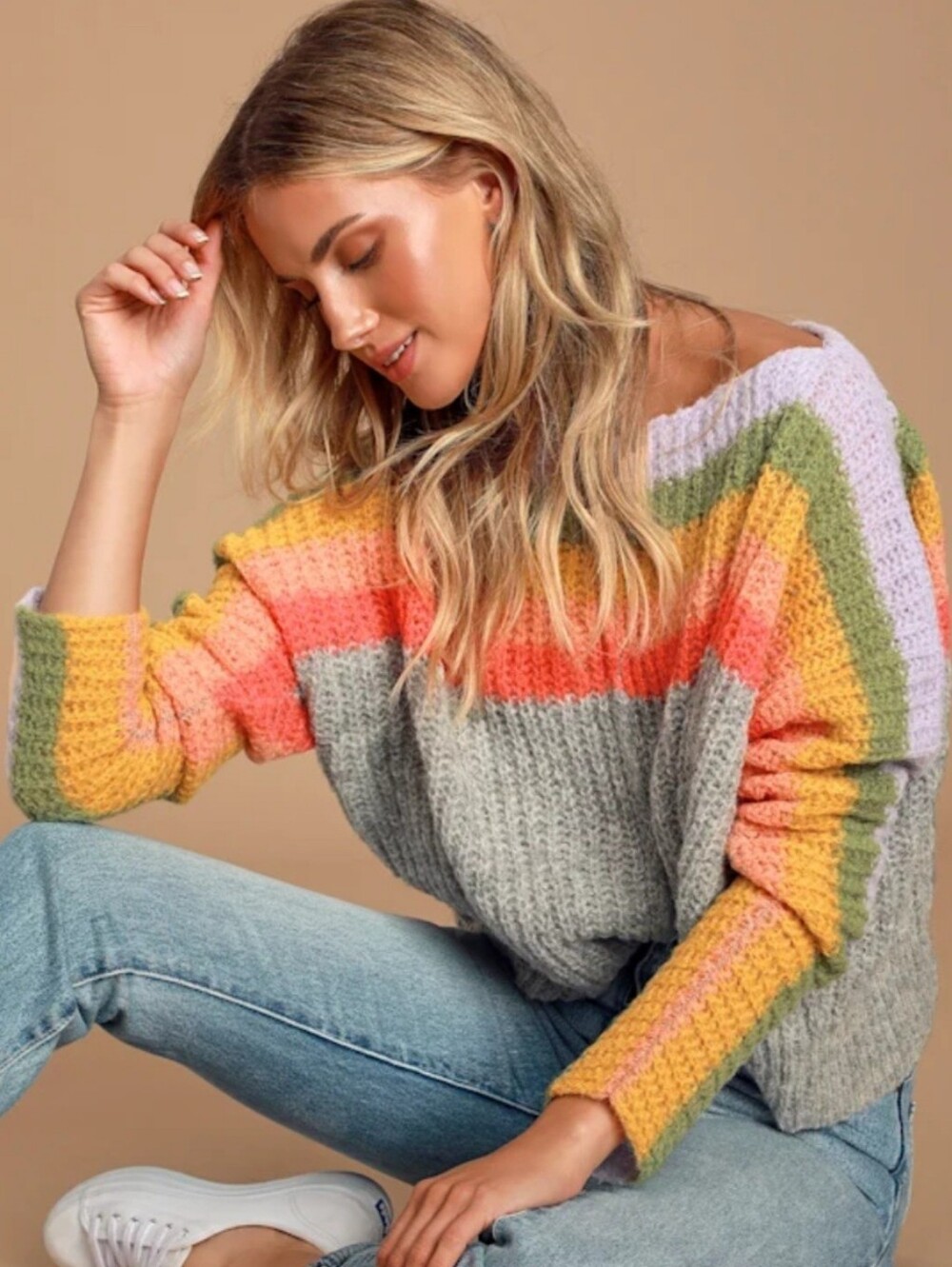 Free People See The Rainbow Grey Sweater With Stripes Size Medium